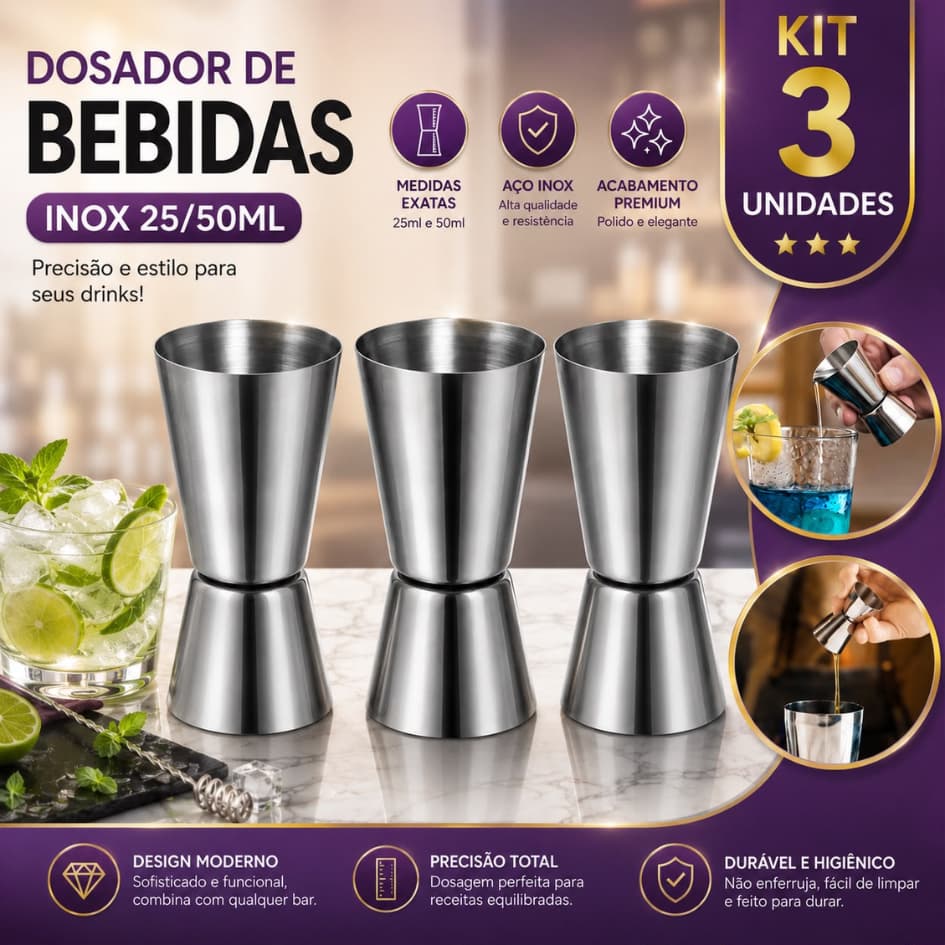 KIT 2 3 5 Medidor Dosador Duplo 25/50ml de Bebidas em Aço Inox Jigger Drinks Coquetéis Bartender Bar