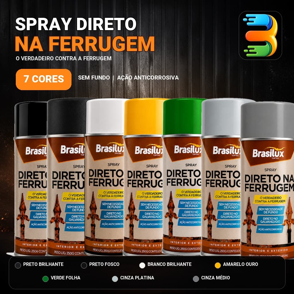 Tinta Spray Tinta Direto na Ferrugem Brasilux 400ml - Galvanizado Anticorrosivo Várias Cores