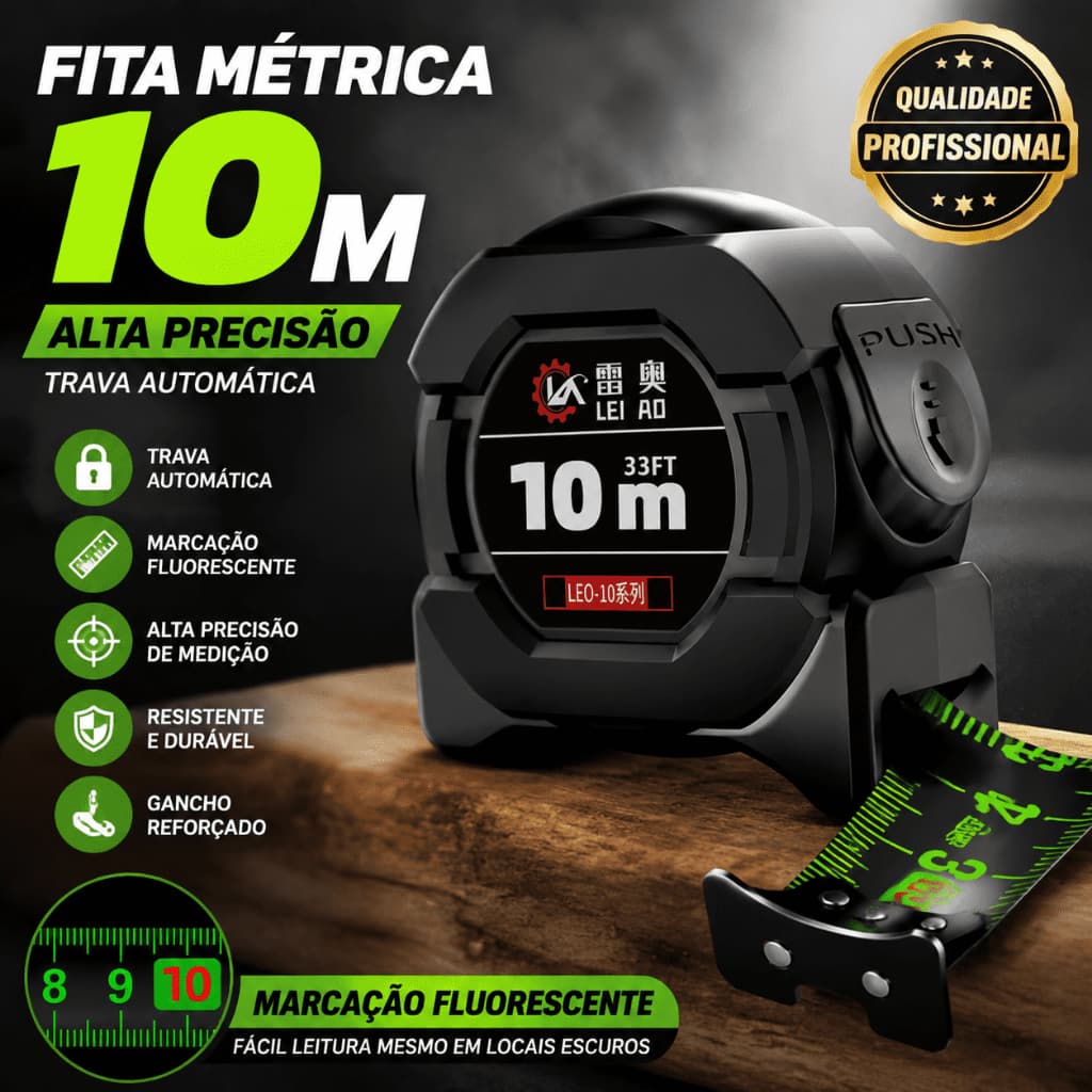 10M Fita Métrica Aço Inoxidável carbono De Alta Precisão trena Profissional Fluorescente Trava