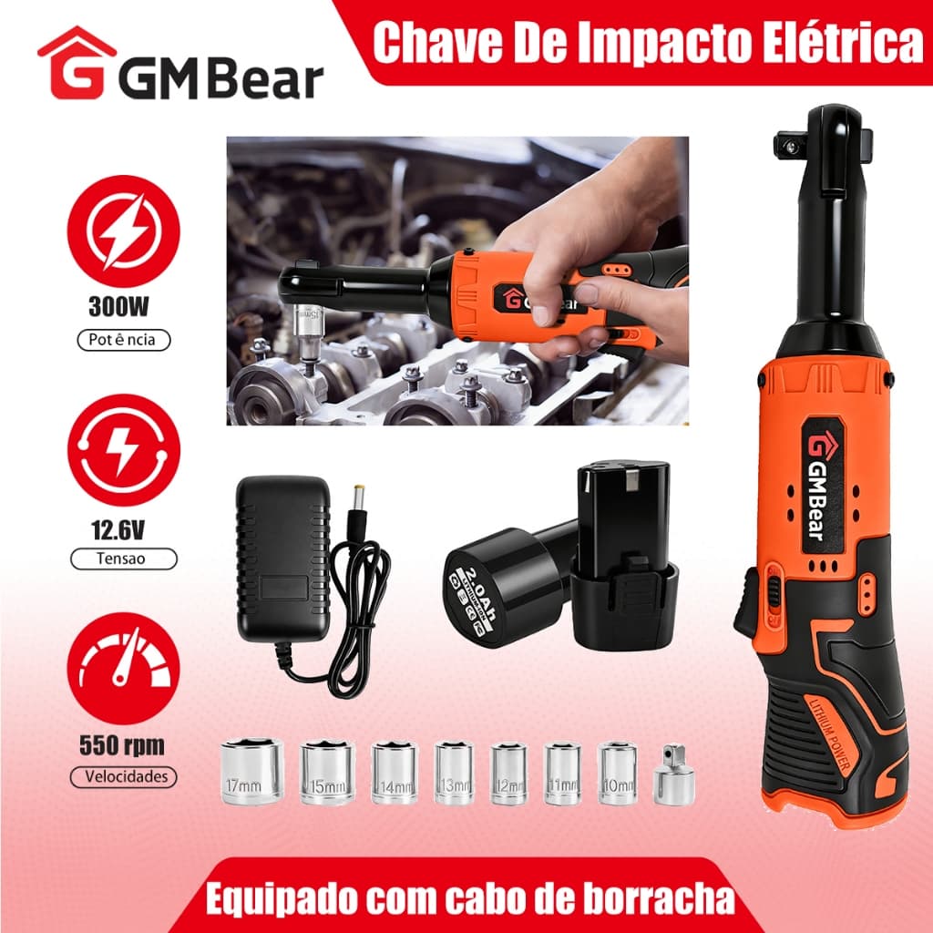 GM Bear Berbequim Sem Fios,Chave De Impacto Elétrica, 12 V,2 Baterias,Com Chaves De Soquete A E Luz LED