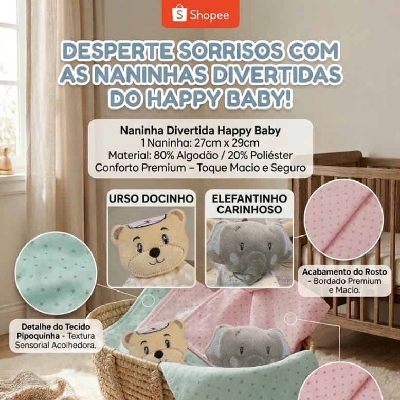 Naninha Divertida Bebê – Conforto Premium e Estímulo Sensorial (Vários Modelos)