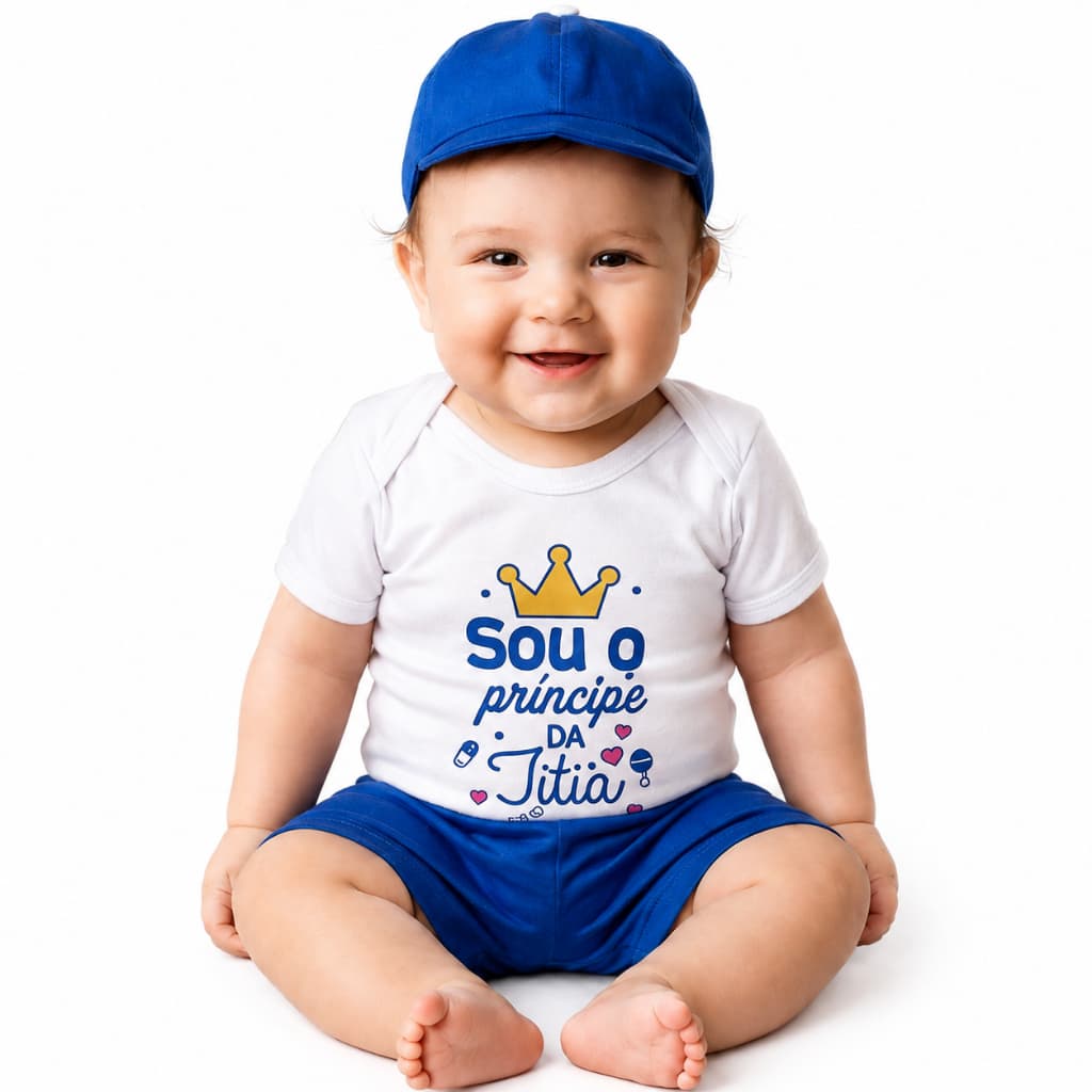 Body Bebe Principe da titia Mêsversario temático - Suedine 100% Algodão