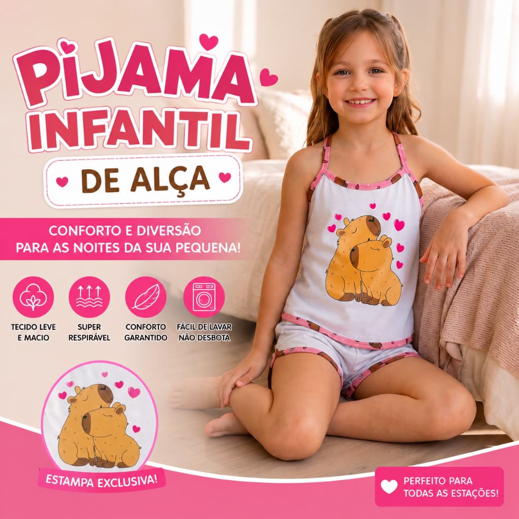 Pijama infantil short doll capivara alcinha baby doll alça basico verão criança