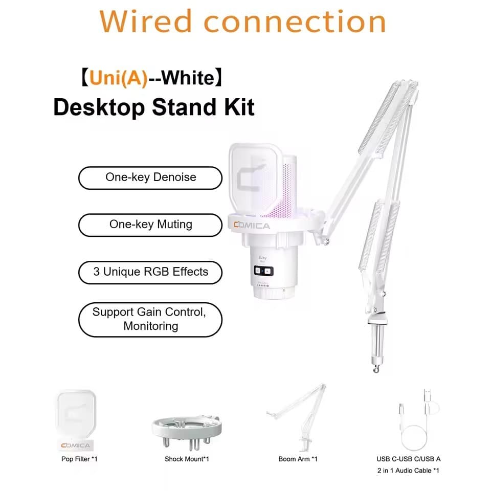 Microfone Condensador USB Comica EJoy Uni Kit com Braço Articulado de Mesa e Filtro Pop RGB