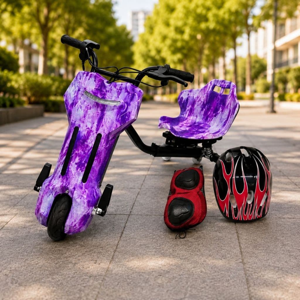 Carrinho Drift Elétrico Infantil 3 Rodas com Bluetooth, Capacete e Joelheira Brinde, para Criança.Hom