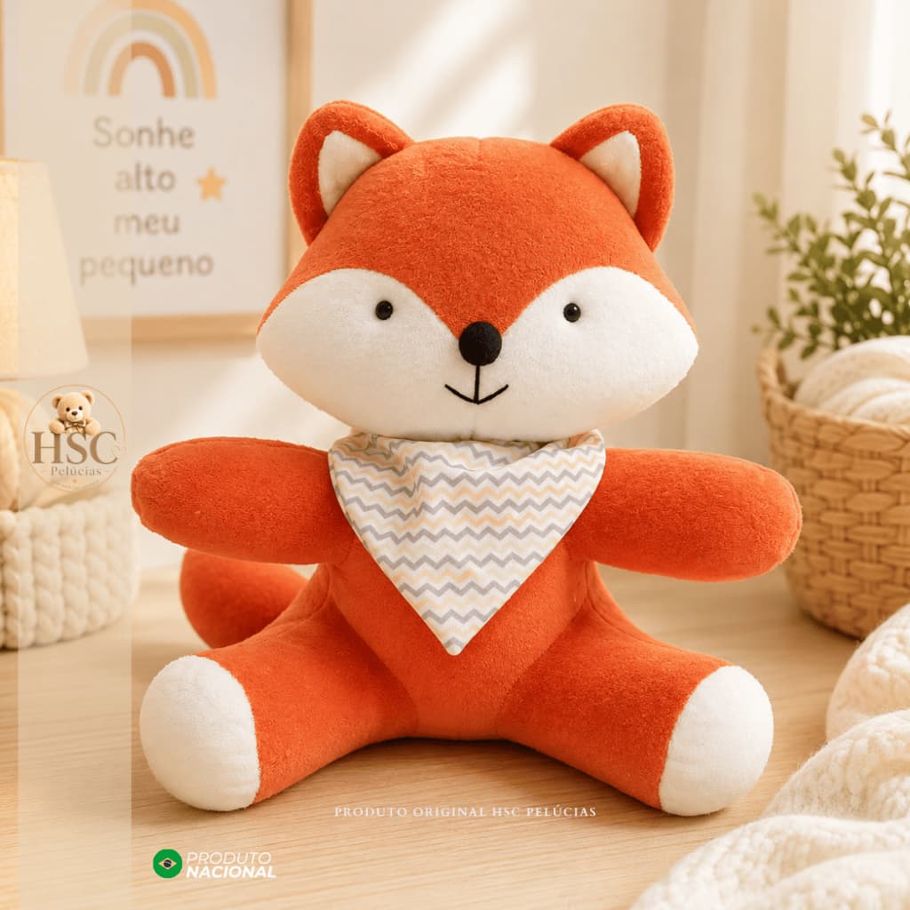 Pelúcia Ursinho de bebe Raposinha  Raposa de Plush 27cm Com Bandana decoração quarto enxoval