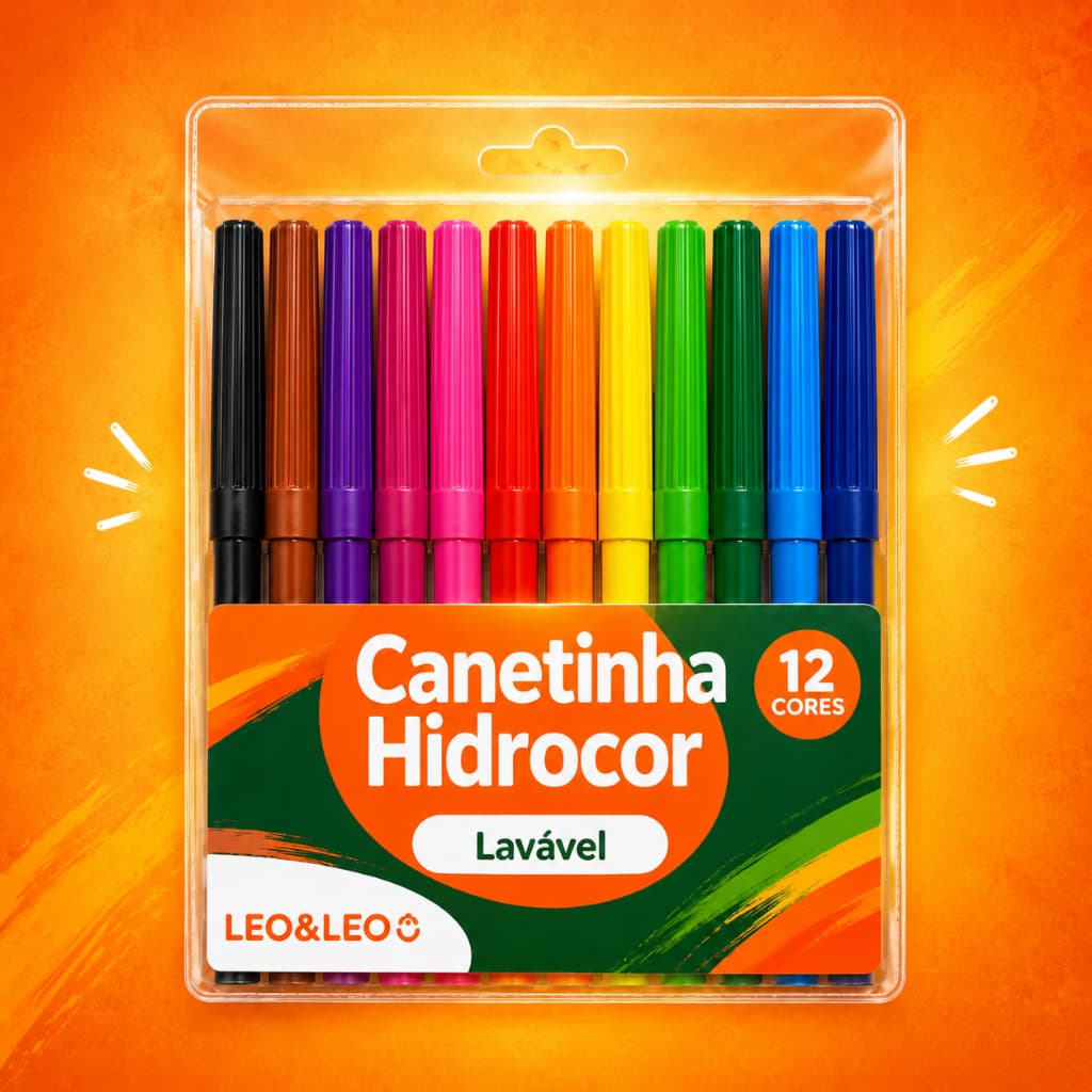 Canetinha Hidrocor 12 Cores Lavável Escolar Atóxica Kit 1 a 10 Unidades Leo&Leo