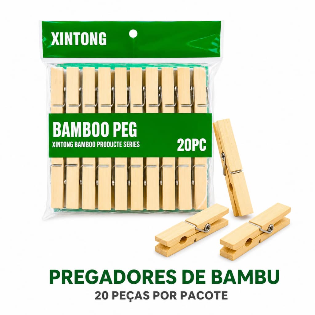 Prendedor de Roupa em Bambu com Mola Metálica 20 a 120 Peças | Pregador para Varal | Acabamento Madeira