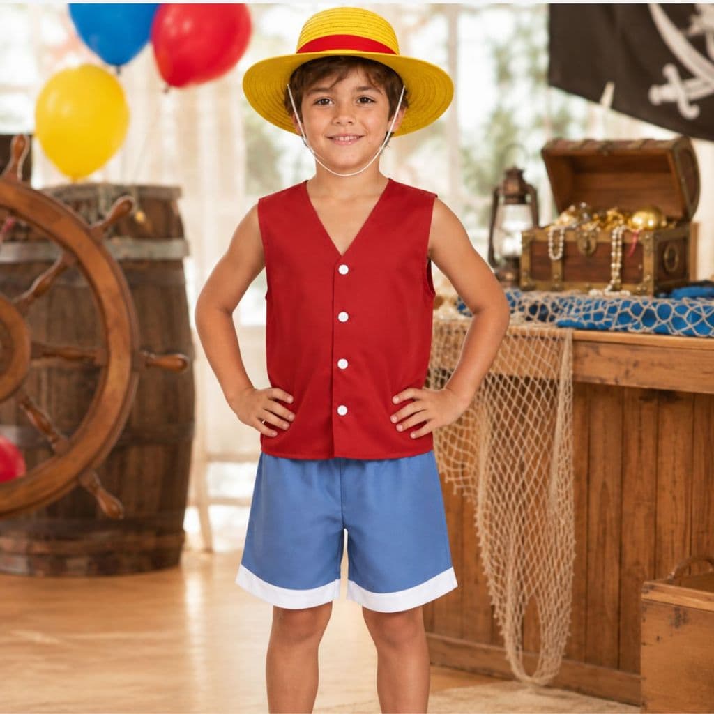 Fantasia One Piece Menino do Chapeu de Palha Cosplay Criança Anime Festa Conjunto Short Regata Luffy