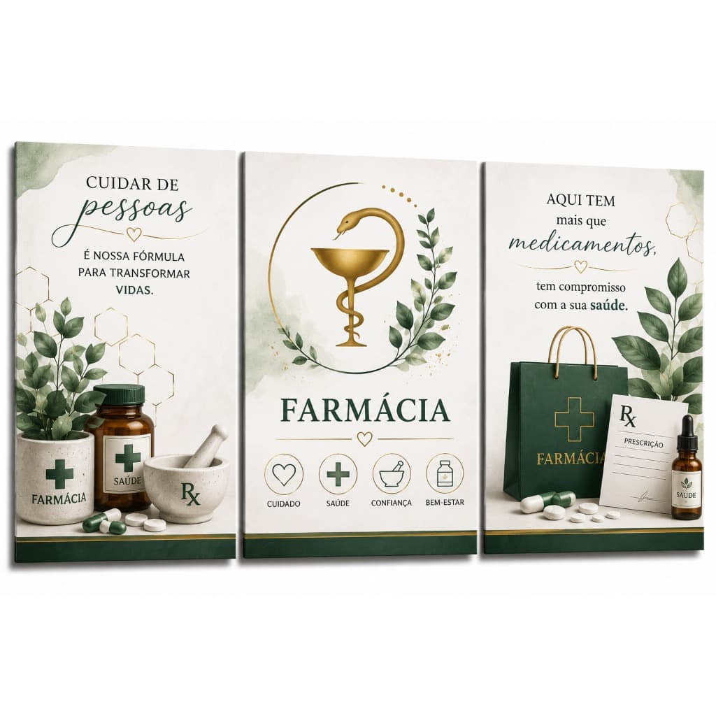 Kit 3 Quadros Farmácia Decorativos Farmacêutico Drogaria Clínica Saúde Profissional
