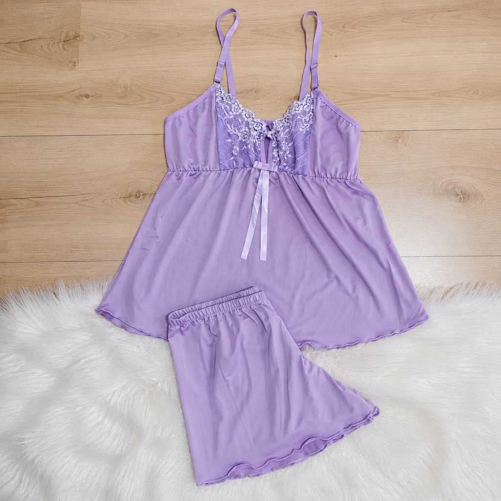 Baby Doll Bicolor Liganete Tecido Fresquinho Malha Fria Roupa de Dormir Renda Sensual Conforto Pijama Feminino