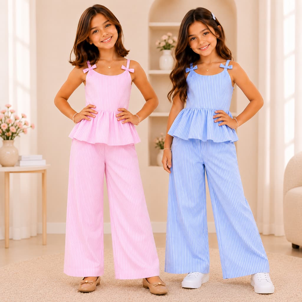 Conjunto 2 Peças Infantil Menina Rosa Alfaiataria Crepinho Festa Tamanho 2 ao 10