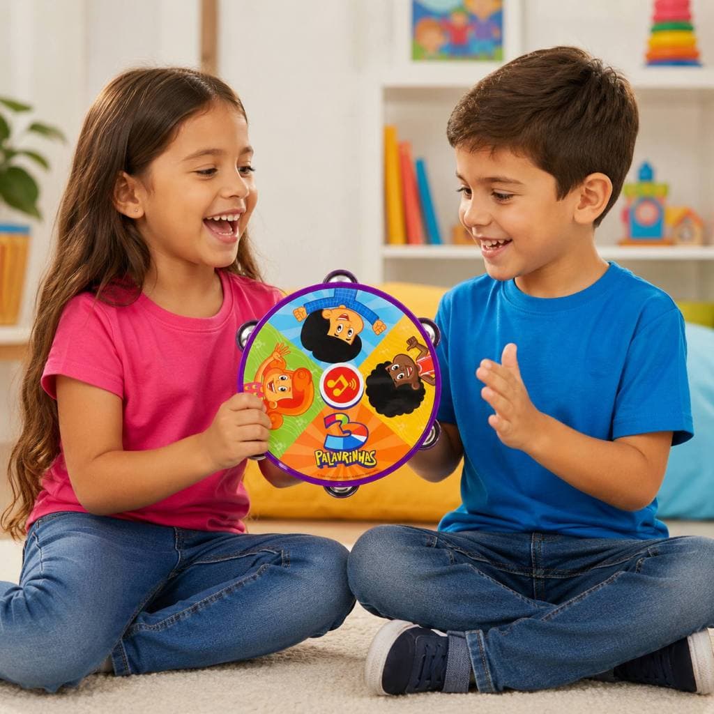 Pandeiro Musical Infantil Temático 3 Palavrinhas | Instrumento de Percussão para Crianças | Brinquedo Educativo