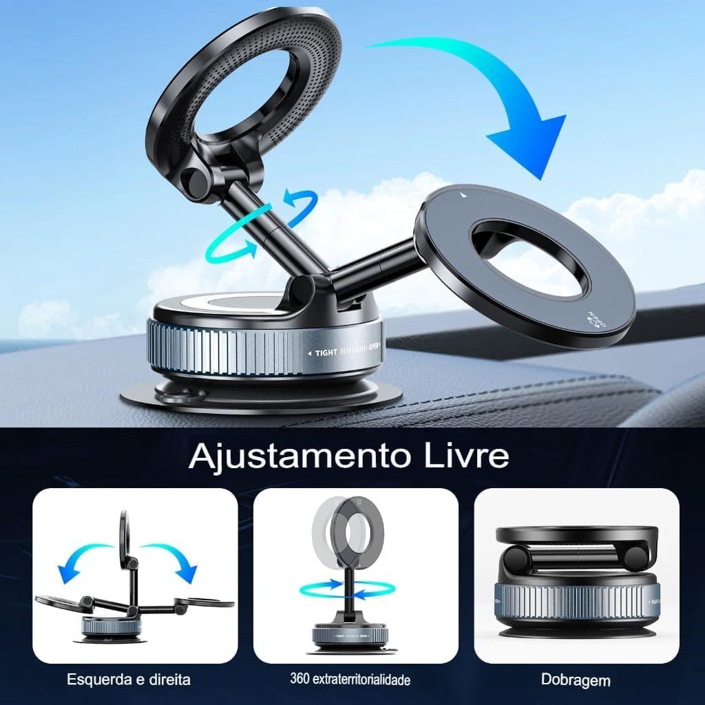 Suporte Celular Carro Magnético Metal Ventosa a Vácuo 360° Forte Anti-Queda Design com regulação de vácuo dobrável