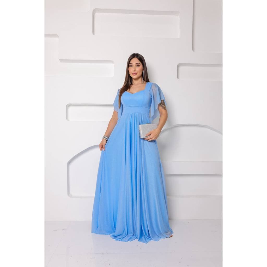 Vestido Longo de Festa em Tule com Brilho, Decote Coração e Saia Ampla Fluida – Elegante para Casamento, Formatura