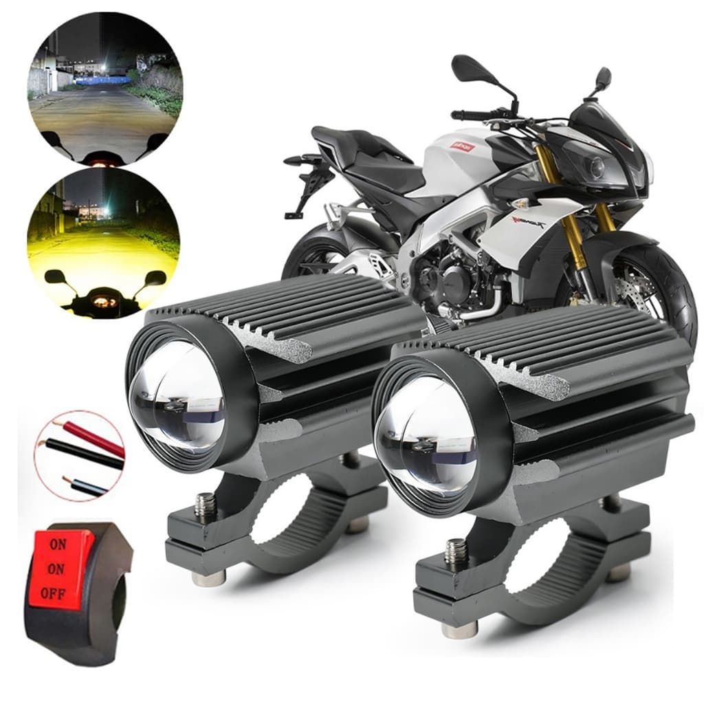Par Farol Auxiliar LED 90W 10000LM Moto Luz Branca Amarela Com Suporte Interruptor Universal