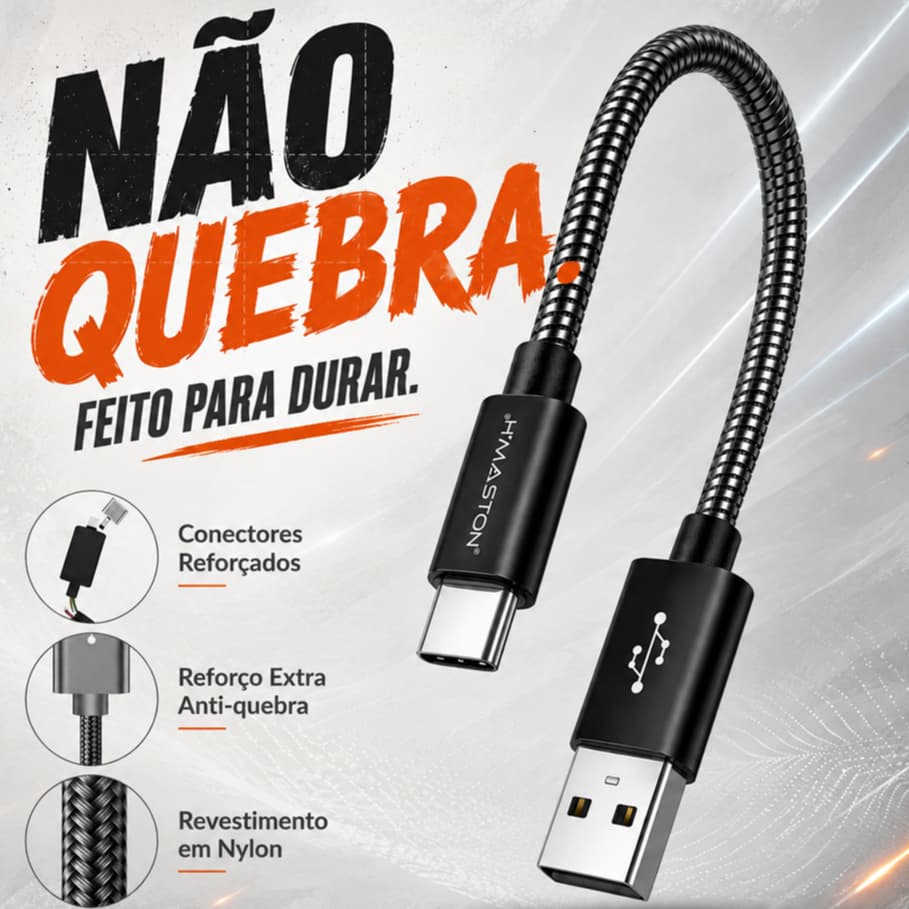 Cabo Carregador Micro USB V8 Tipo C Lightning 4.8A Fast Charge Carregamento Rápido Revestimento Nylon 0,5m H'Maston XT5