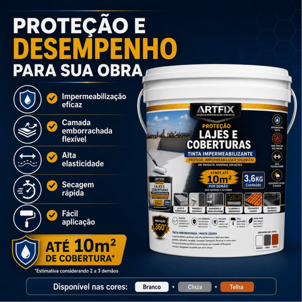 Impermeabilizante Para Telhado e Calha Artfix 3,6Kg Impermeabilização de Lajes Para Telhas de Zinco