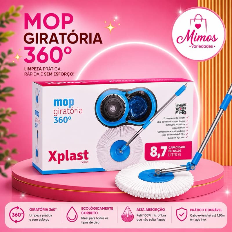 MOP GIRATÓRIO DE LIMPEZA PESADA RODO MÁGICOALTA ABSORÇÃO BALDE 8,7 LITROS XPLAST GIRO 360 GRAUS