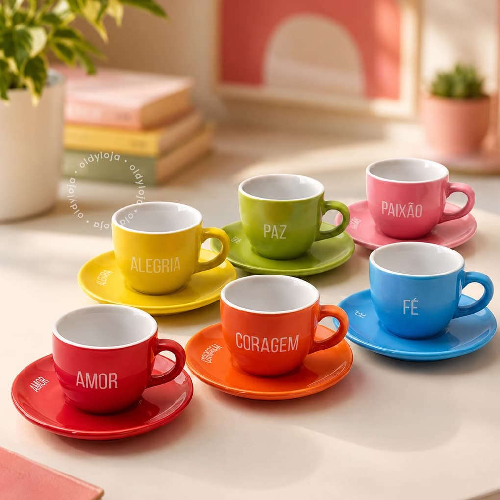 Kit 6 Xícaras Coloridas Café 90ml c/ Pires Conjunto Cerâmica Dopamine Decor Virtudes Decoração