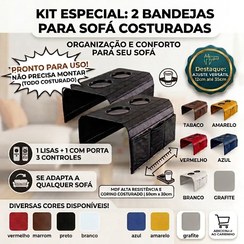 Kit 2 Esteiras Protetor para braço de sofá Com bolso p controle tv Couro Sintético