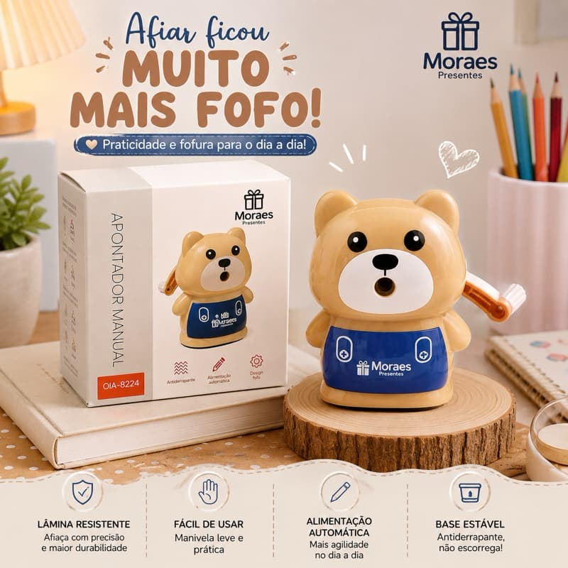Apontador manual de ursinho 🐻 Fofo, prático e seguro! Base estável, lâmina resistente e design encantador para dia a dia