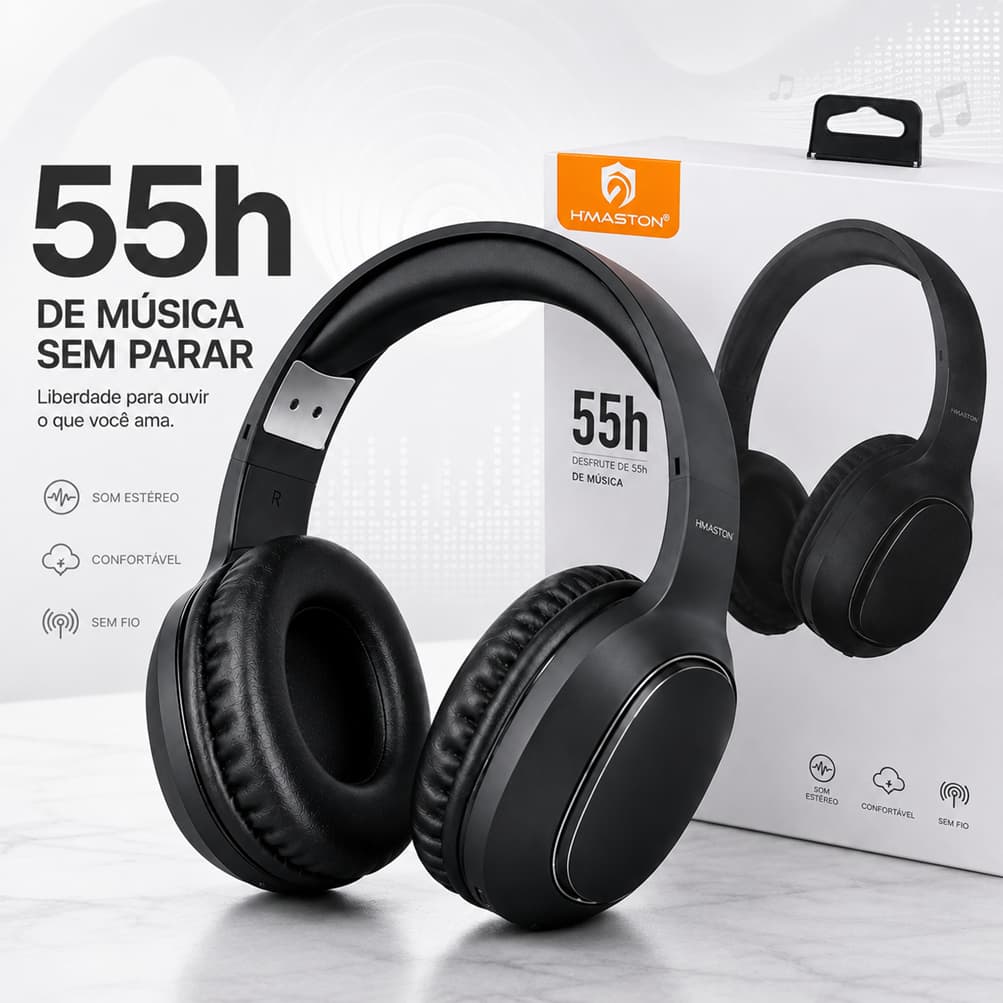 Fone Sem Fio Bluetooth Headphone Sem Fio Bluetooth 5.4 Over Ear Microfone Super Bass Bateria 55H Dobrável  H'Maston SN30
