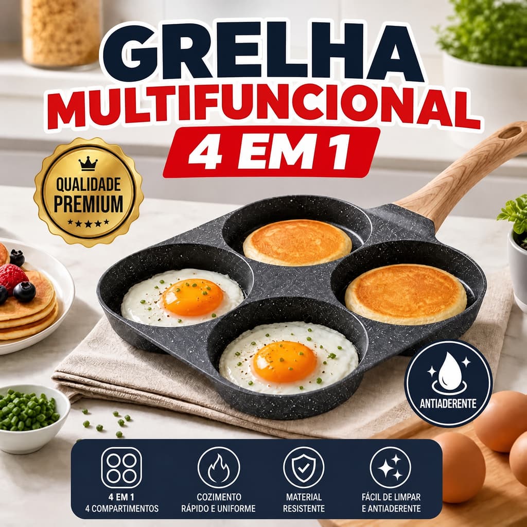 Frigideira Antiaderente 4 Cavidades Pedra Médica Para Ovo Panqueca Hamburguer Indução e Gás