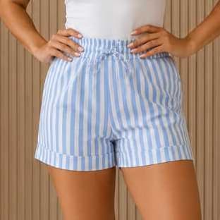 Short Listrado Short Feminino cós Elástico cordão bolso Casual Verão Short Tendência Short Leve