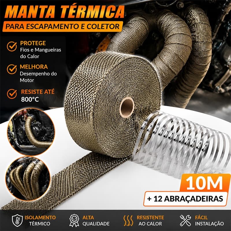 Manta Térmica Escapamento Carro Moto Fita Isolante Alta Temperatura para Coletor + 12 Abraçadeiras