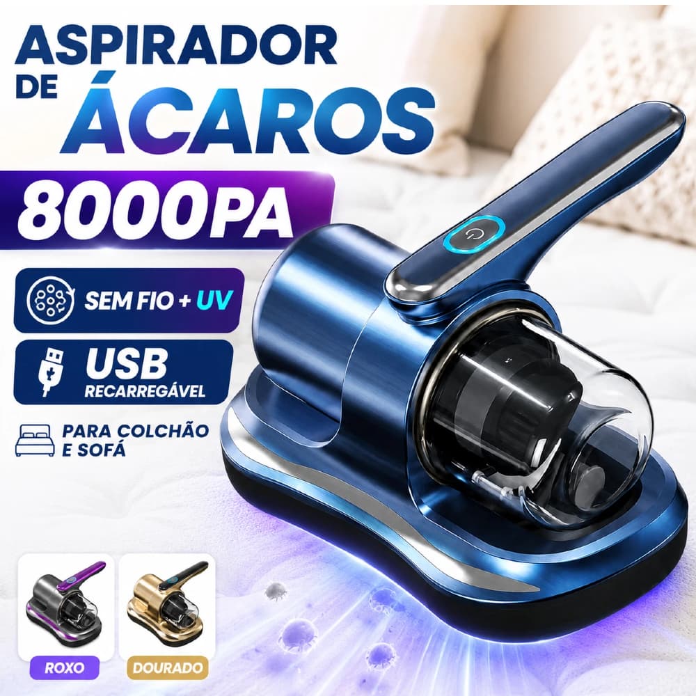 Aspirador de Ácaros Pó Portátil para Colchão Sofá Sem Fio 8000Pa UV 100W 5V USB Recarregável