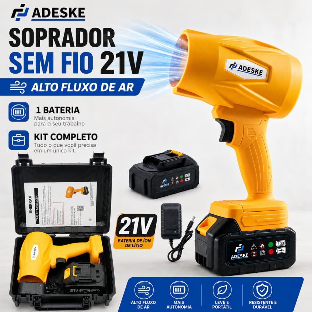 ADESKE Soprador Turbo Sem Fio 21V para Limpeza Automotiva, Jardim e Oficina, Kit Completo com 1 Bateria