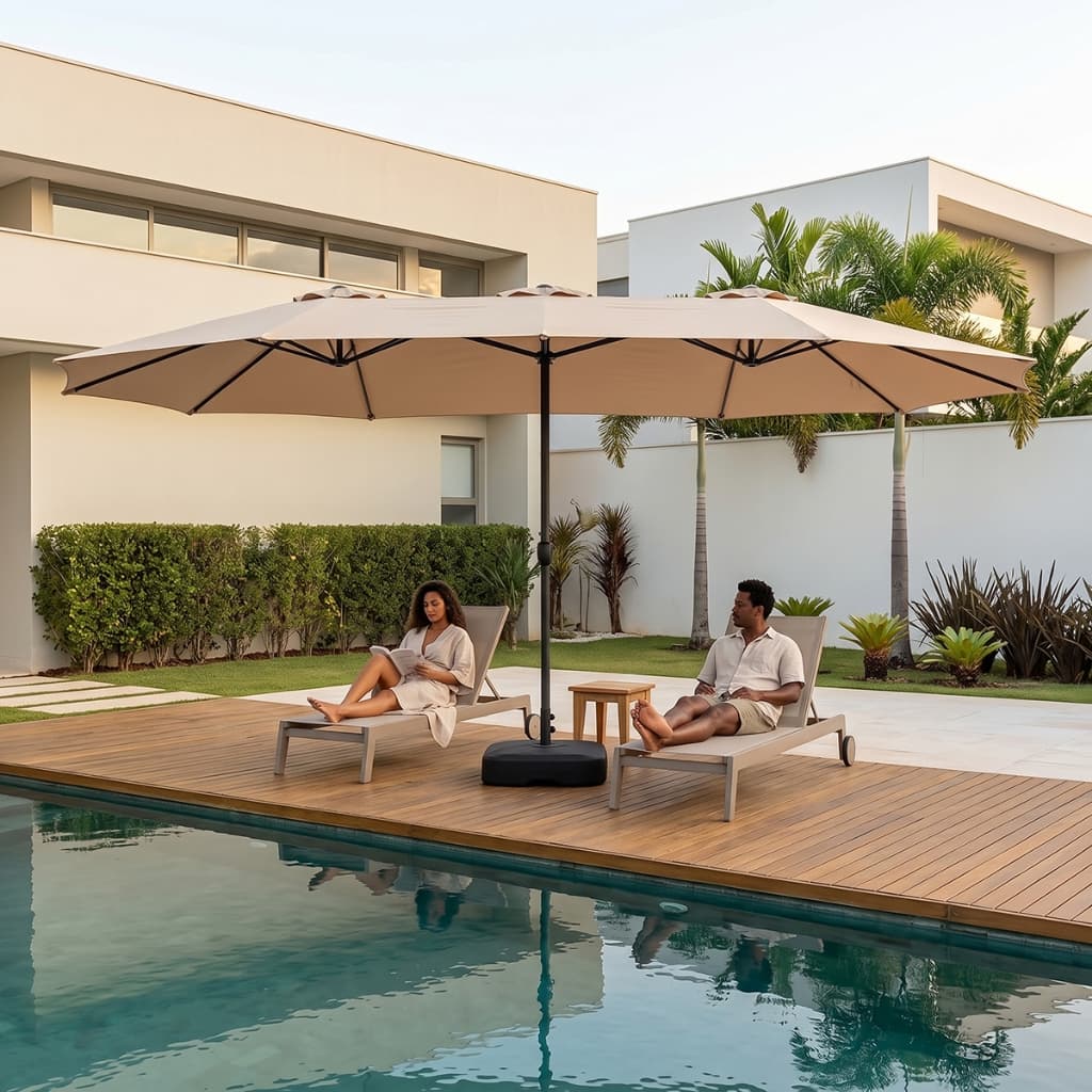 Ombrelone Lateral Duplo 2,7x4,6m com Base Desmontável 2 Sacos Areia 30L Impermeável UV Jardim Piscina