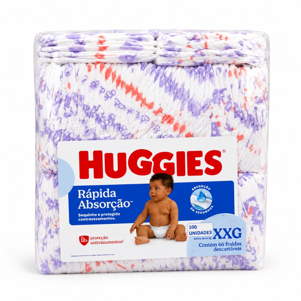 Pacotão Economico Huggies com 100 fraldas P(3,5 - 6kg) M(5,5 - 9,5kg) G(9 -12,5kg) XG (12 - 15kg) XXG(14 - 20Kg)