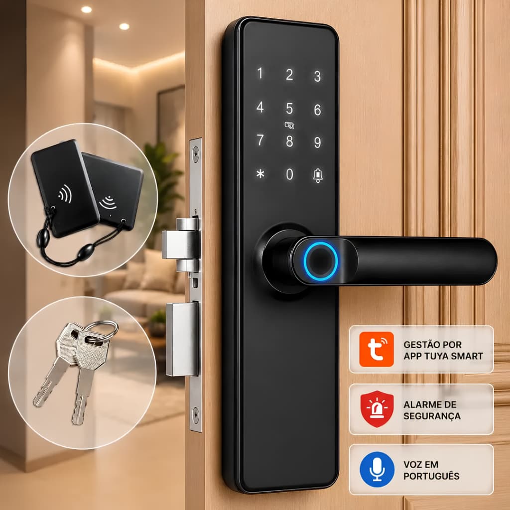 Fechadura Inteligente Digital 5em1 Biométrica Impressão Digital Senha Cartão Tuya APP -Knup KP-CA621