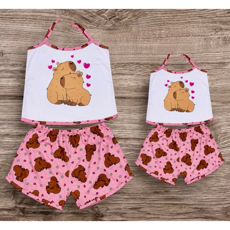 Conjunto Kit Tal Mãe e Filha Pijama Capivara Feminino Alcinha Verão