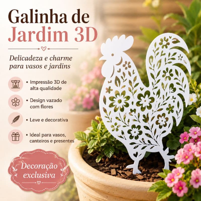 Galinha Decorativa de Jardim 20x20cm Impressão 3D Enfeite para Vaso Jardim Canteiro Decoração Floral