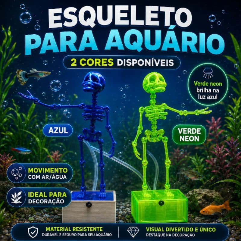 Esqueleto Decorativo para Aquário com Movimento | Caveira Articulada 3D | Azul ou Verde Neon