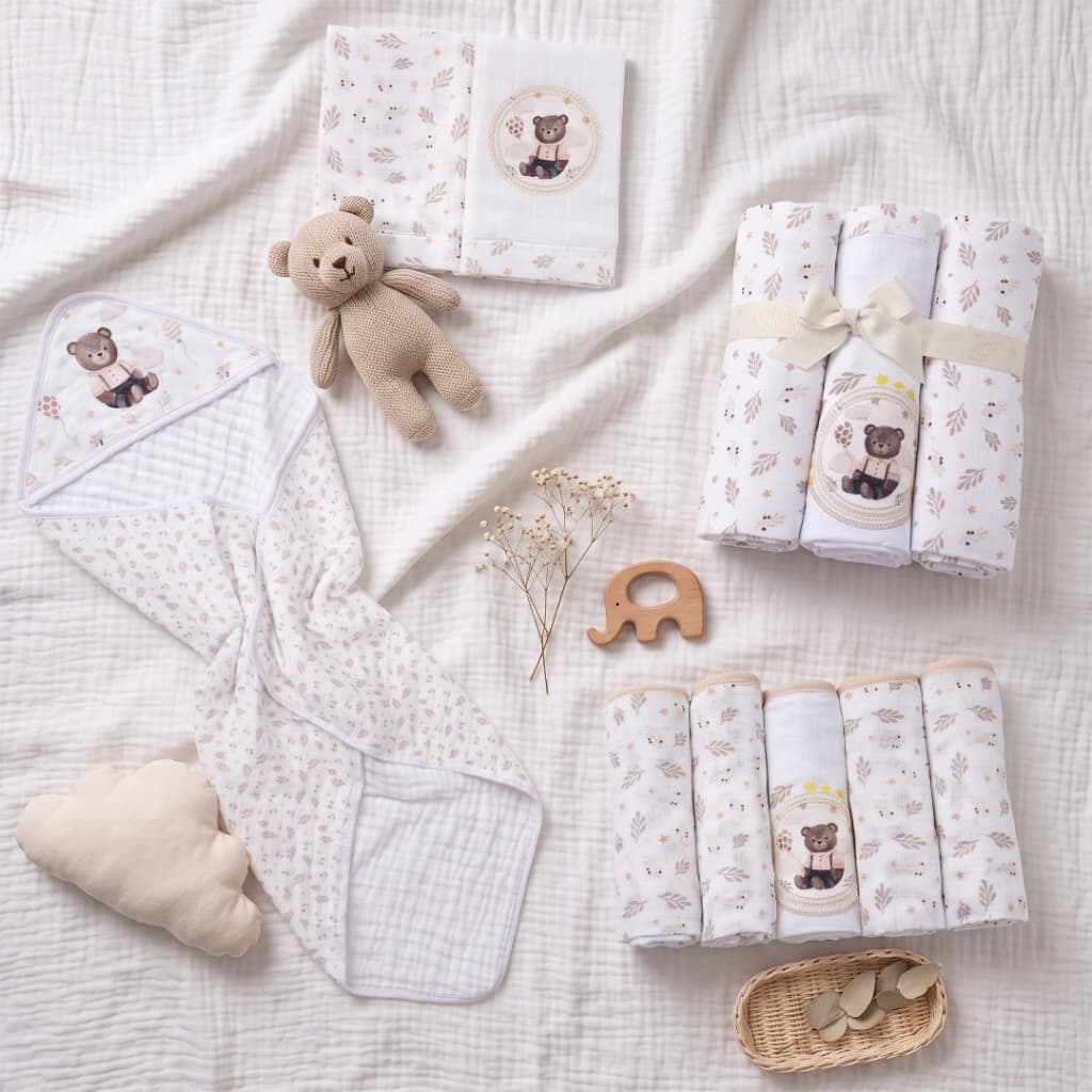 Kit Completo Enxoval Bebê Unissex 11 Peças com Fraldas, Cueiros, Toalha Soft e Panos de Boca