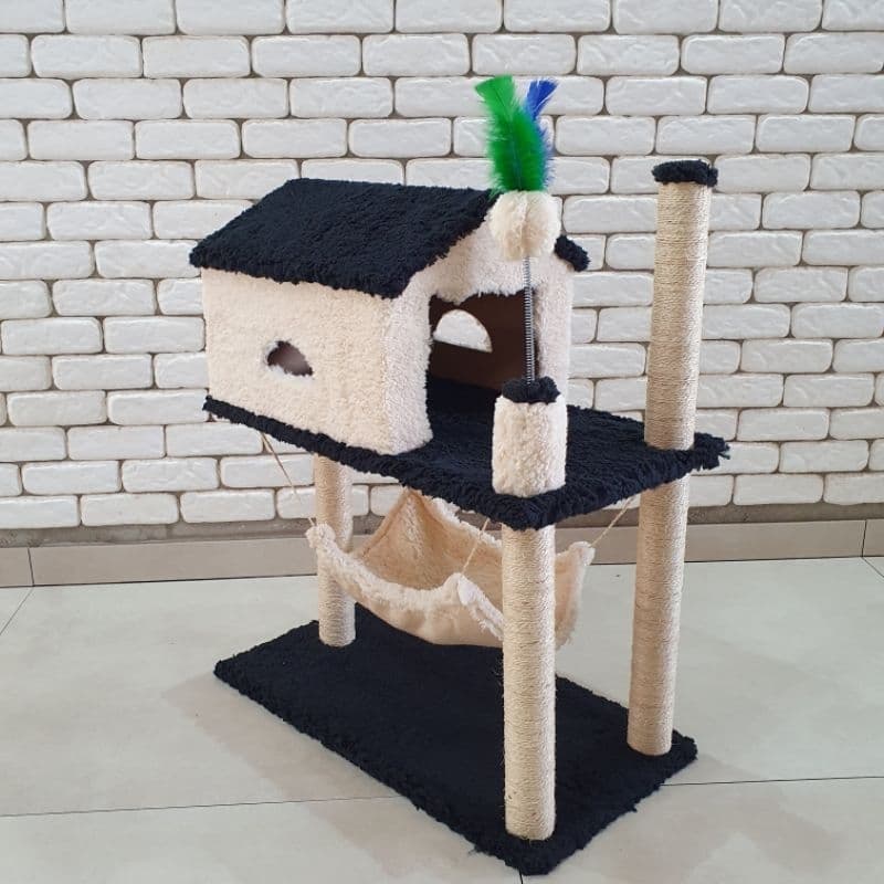 Arranhador Casa de gatos arranhador 2 andares com rede e brinquedo.