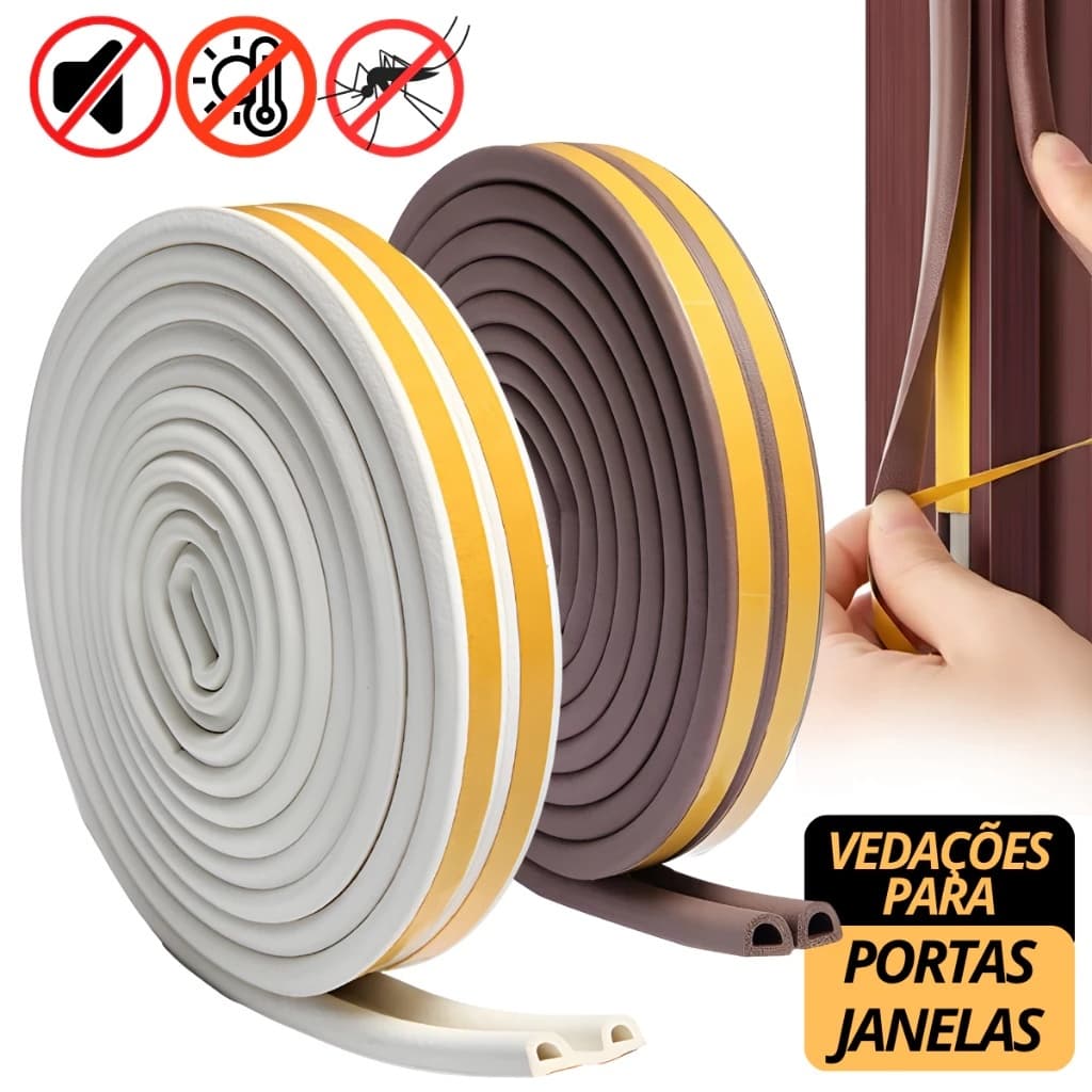 Fita Veda Fresta Adesivo Branco Marrom 6 Metros Anti Ruido Isolante Acústico Porta e Janela
