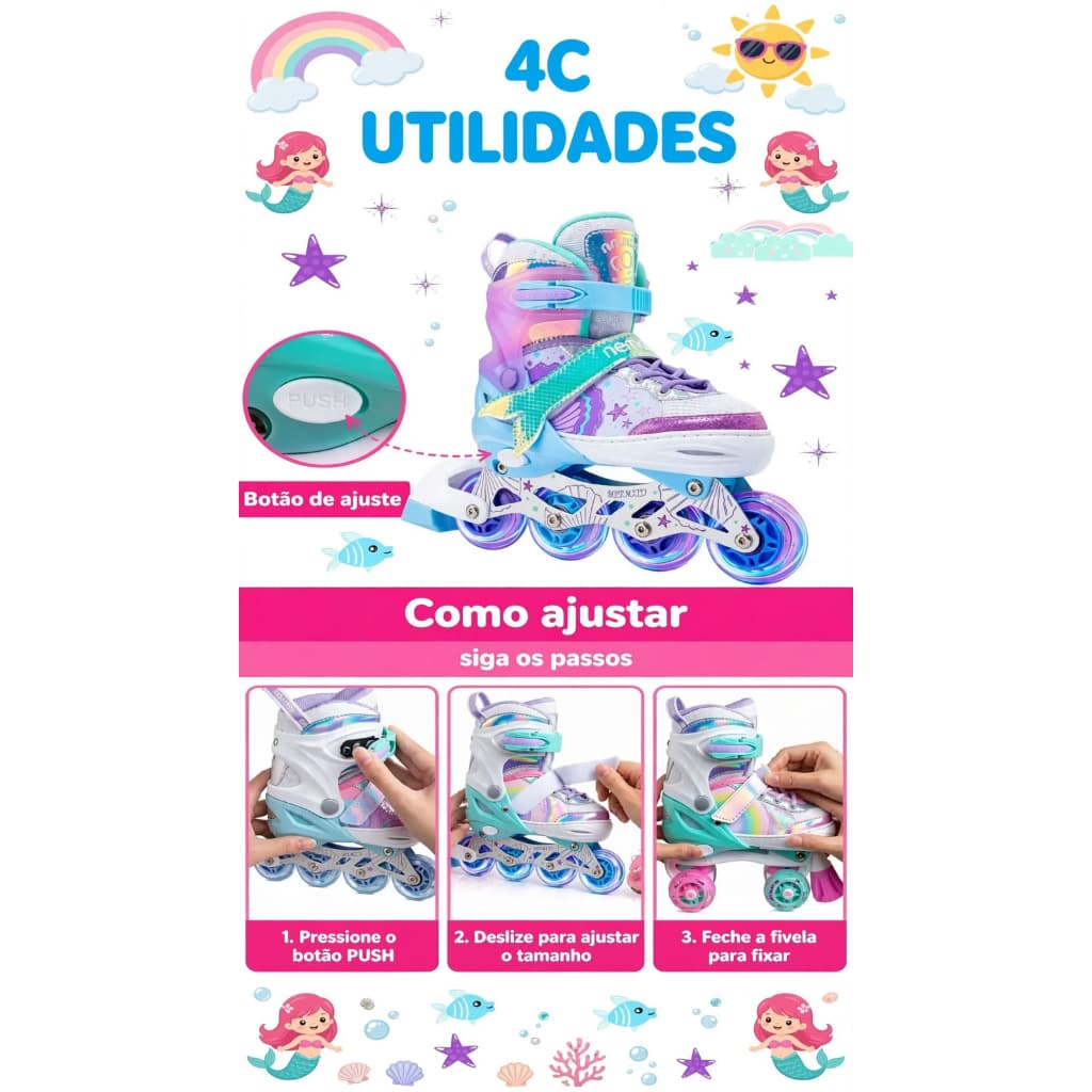 Patins Inline Ajustável Infantil Roller 4 Rodas Reto Roxo Sereia Meninas Com Led Presente Criancas