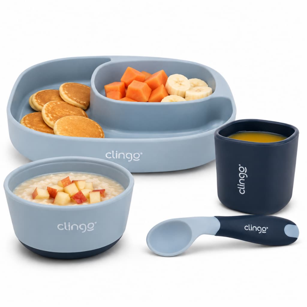 Kit Alimentação Clingo Bebê 4 Em 1 Prato Com Divisórias Tigela Copo Colher Introdução Alimentar BPA Free Menino Azul