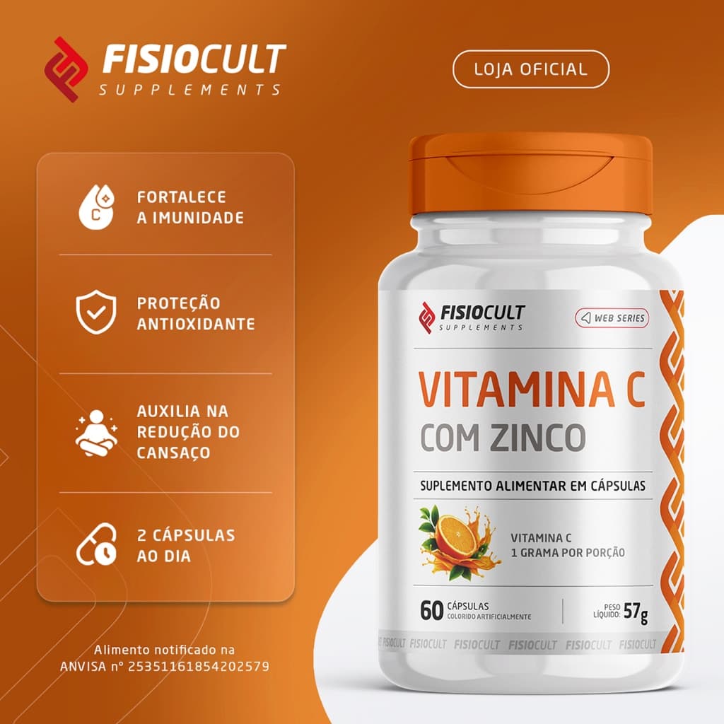 Vitamina C Acido Ascorbico 1G com Zinco 7mg 60 Capsulas - Fisiocult Supplements