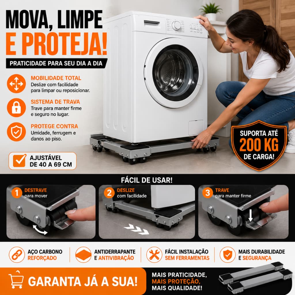 Base com Rodinhas para Geladeira e Máquina de Lavar Ajustável 40 a 69cm Suporta 200kg com Trava