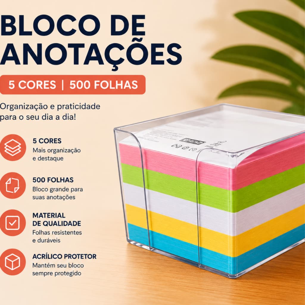 bloco de anotações 500 folhas e 5 cores com protetor acrílico