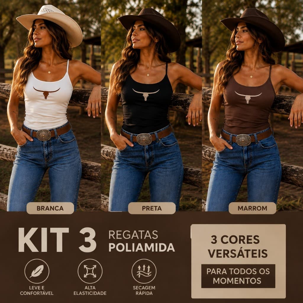 Kit 3 Regata Feminina Blusa Country Western Alça Fina Poliamida Premium Fitness Casual Barretos Festa de Peao