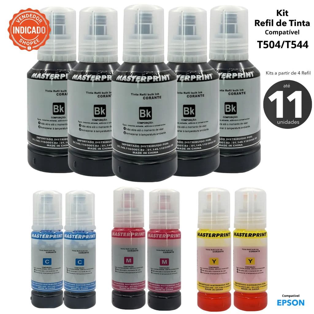 Kit Refil de Tinta Compatível Epson Eco Tanque T504 T544 L3150 L3250 L4160 L4260 Masteprint