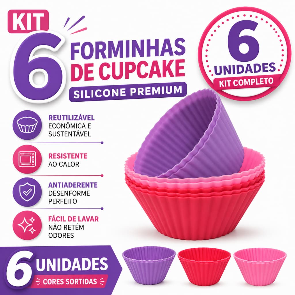 Kit 6 Forminhas de Silicone para Cupcake 7cm Forma Muffin Mini Bolo Antiaderente Reutilizável
