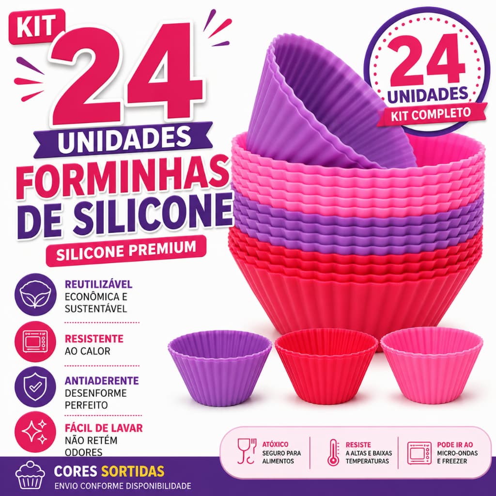 Kit 24 Forminhas de Silicone para Cupcake 7cm Forma Muffin Mini Bolo Antiaderente Reutilizável